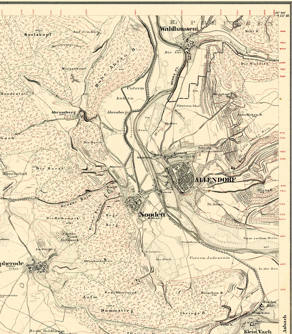 Historische Messtischkarte mit Allendorf, der Werra und den umliegenden Straßen und Wegen